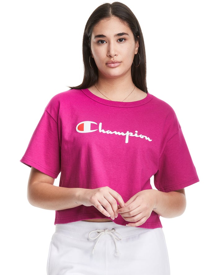 Champion Dame T-Shirts Lyserød - Heritage Cropped Script Logo - Danmark IVK-359186